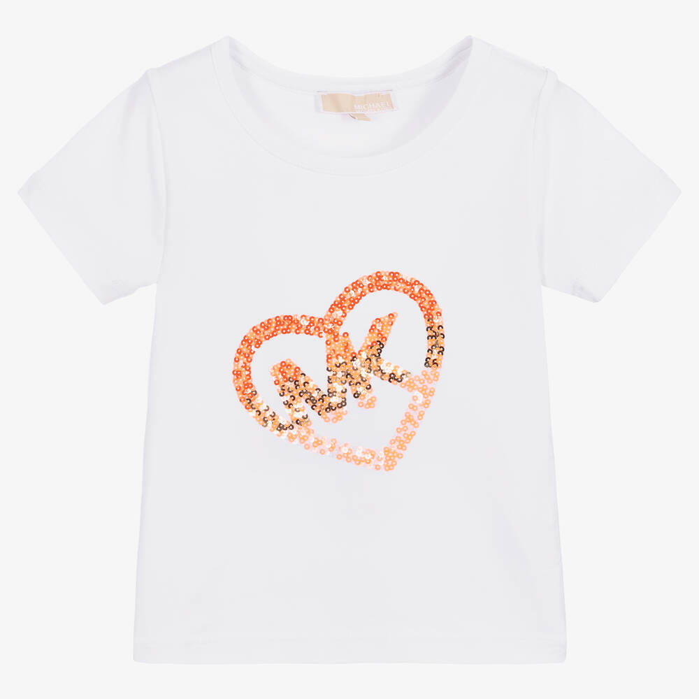 Michael Kors Kids - Girls White Sequin Heart Logo T-Shirt | Childrensalon