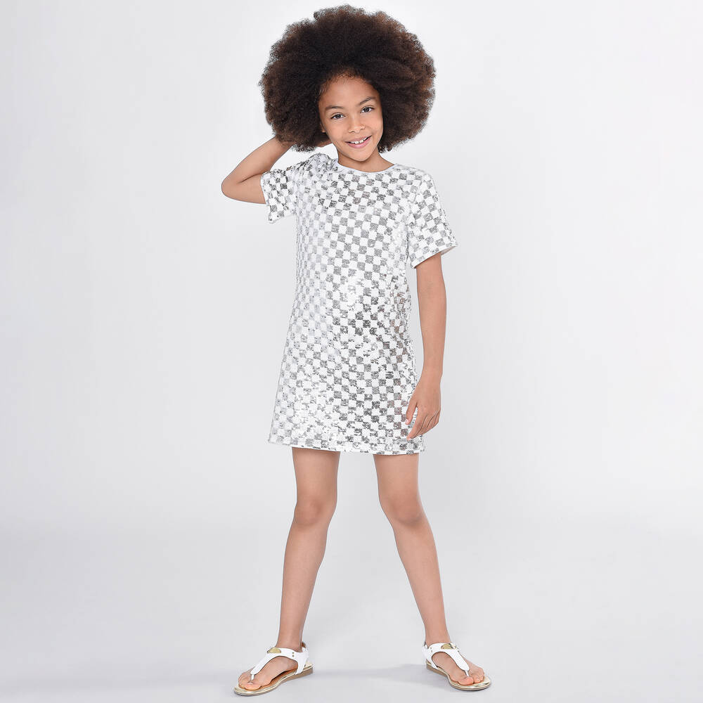 Michael Kors Kids Girls White Silver Check Sequin Dress