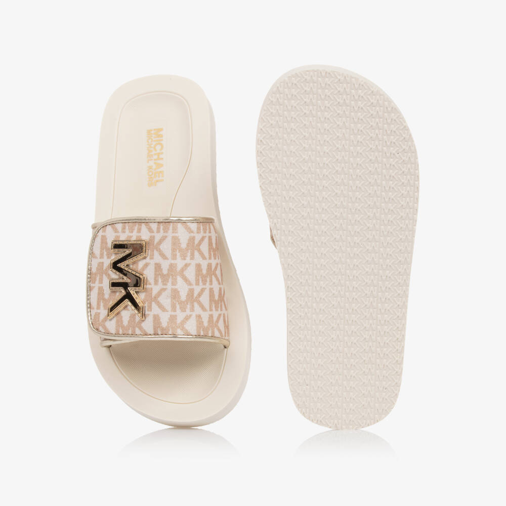 Michael Kors Kids-Ivory Gold Logo Slide Sandals | Childrensalon Outlet