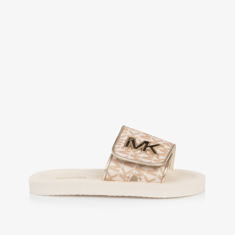 Michael Kors Kids-Ivory Gold Logo Slide Sandals | Childrensalon Outlet