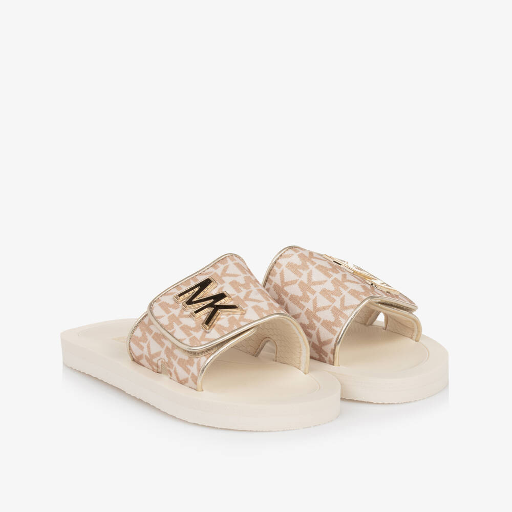 Michael Kors Kids-Ivory Gold Logo Slide Sandals | Childrensalon Outlet
