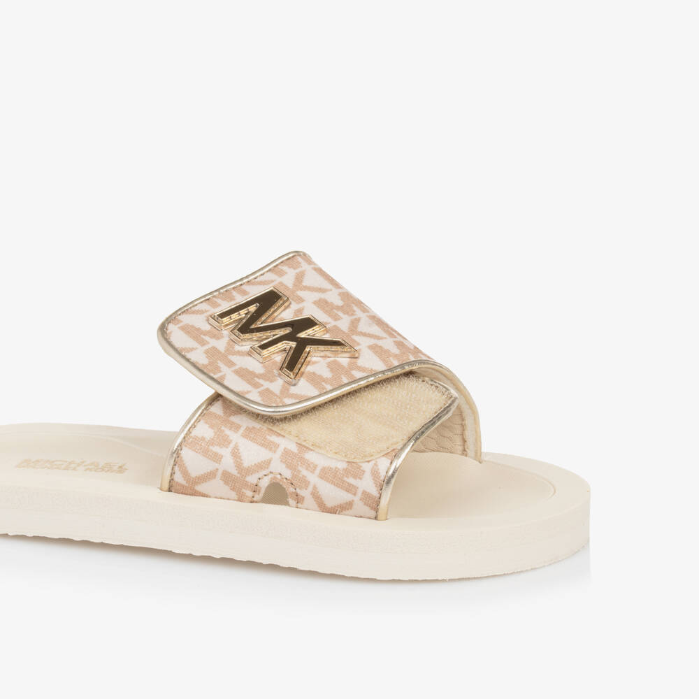 Michael Kors Kids-Ivory Gold Logo Slide Sandals | Childrensalon Outlet