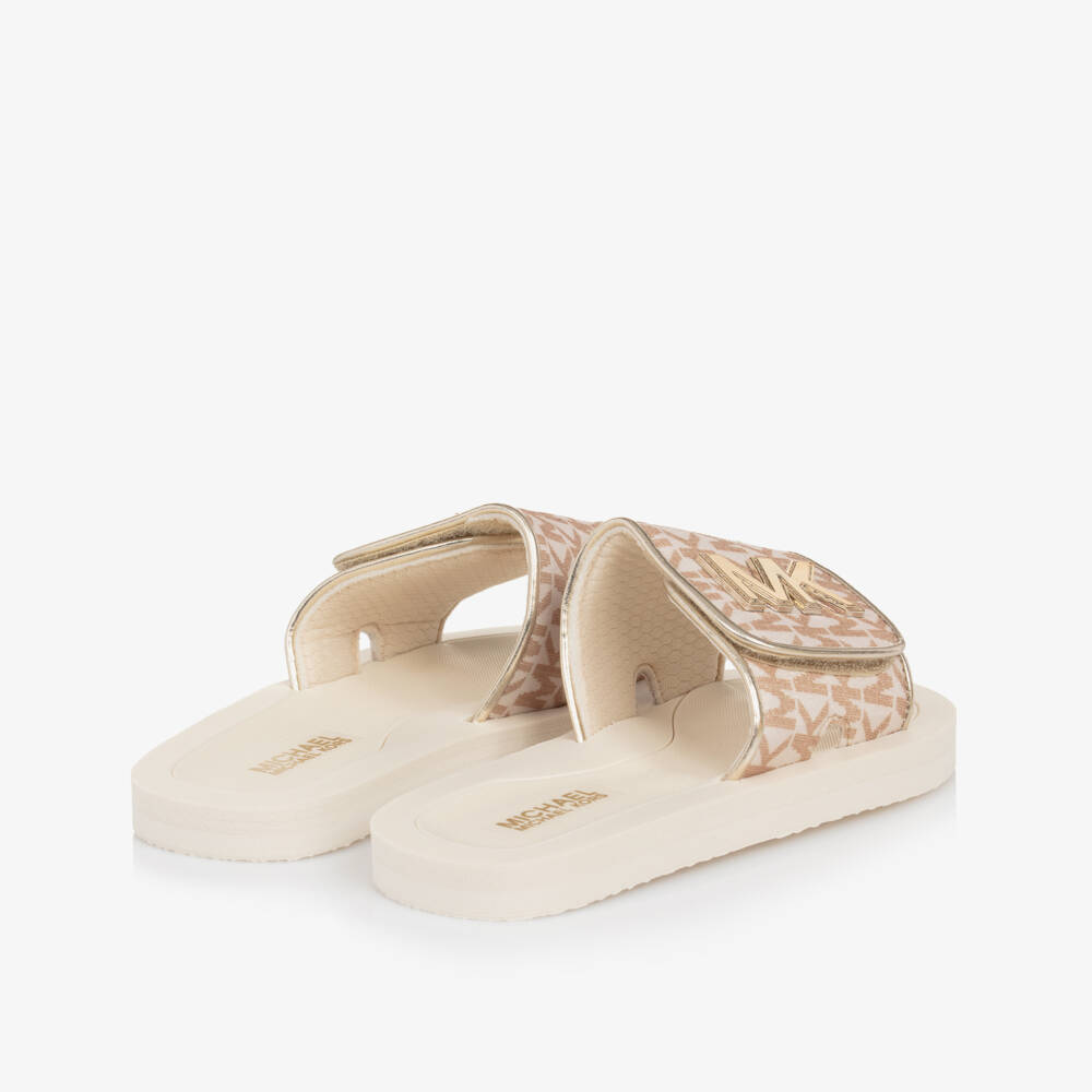 Michael Kors Kids-Ivory Gold Logo Slide Sandals | Childrensalon Outlet