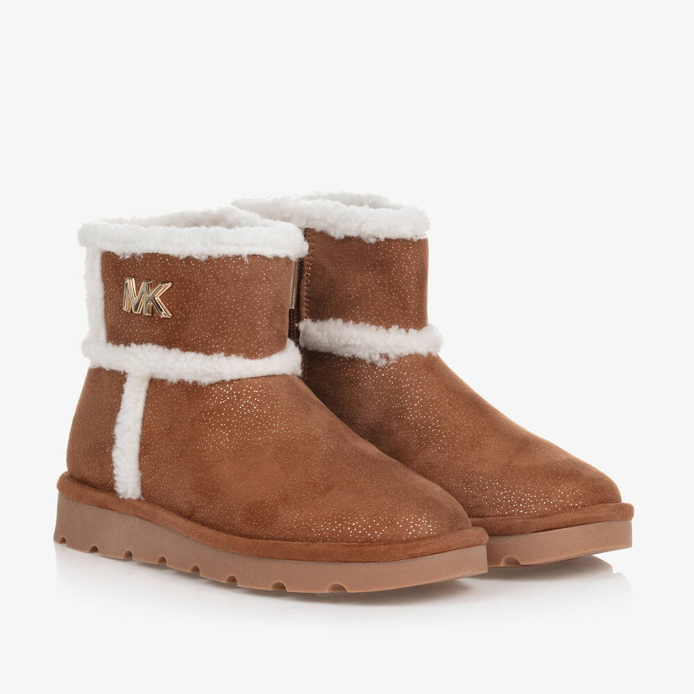 Michael Kors Kids - Коричневые полусапожки из искусственной замши с золотистыми деталями | Childrensalon