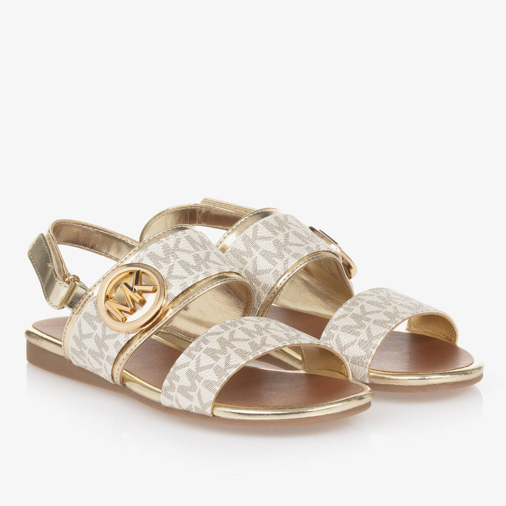 Michael Kors Kids Teen Girls Gold MK Velcro Sandals Childrensalon Outlet
