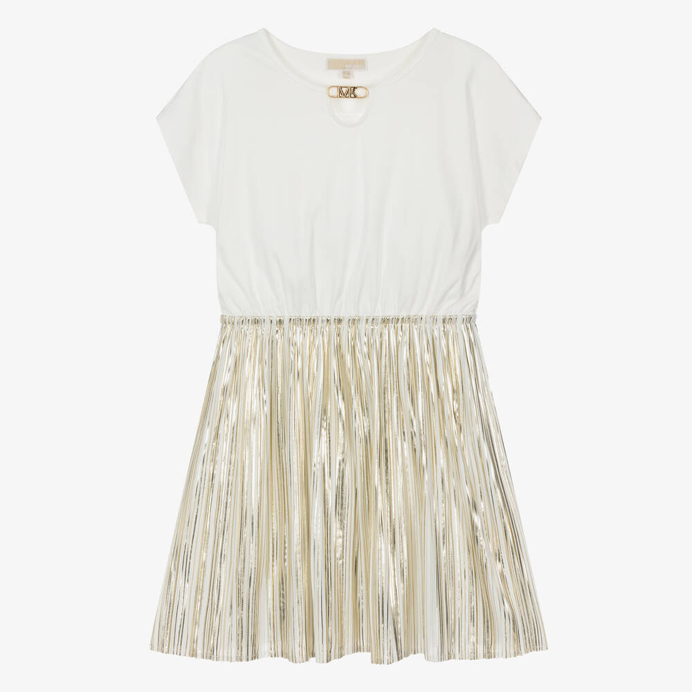 Michael Kors Kids-فستان قطن بكسرات لون ذهبي وعاجي للمراهقات | Childrensalon Outlet