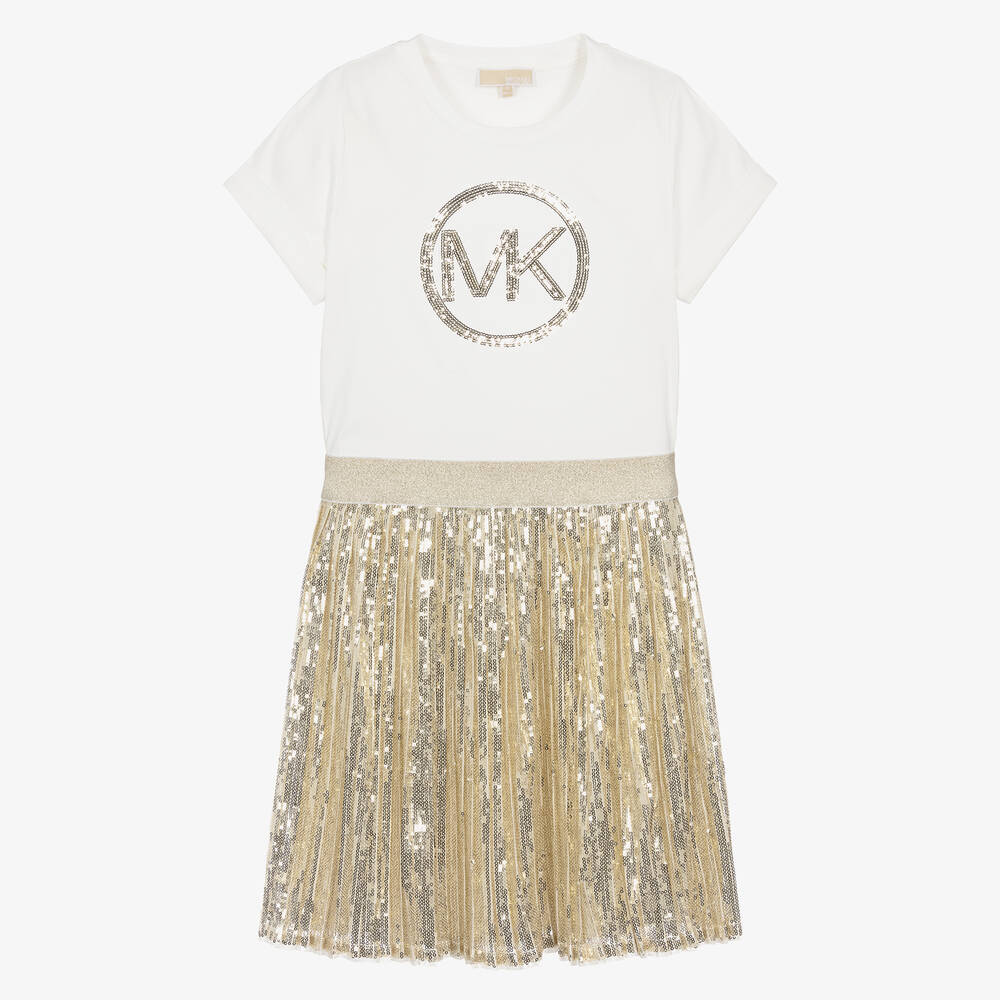 Michael Kors Kids-فستان قطن وتول لون ذهبي مزين بترتر للمراهقات | Childrensalon Outlet