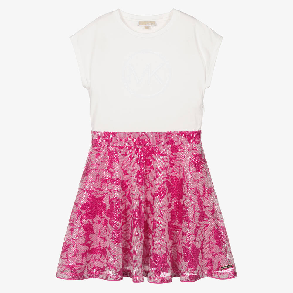 Michael Kors Kids-Teen Girls Pink & White Sequin Skater Dress | Childrensalon Outlet
