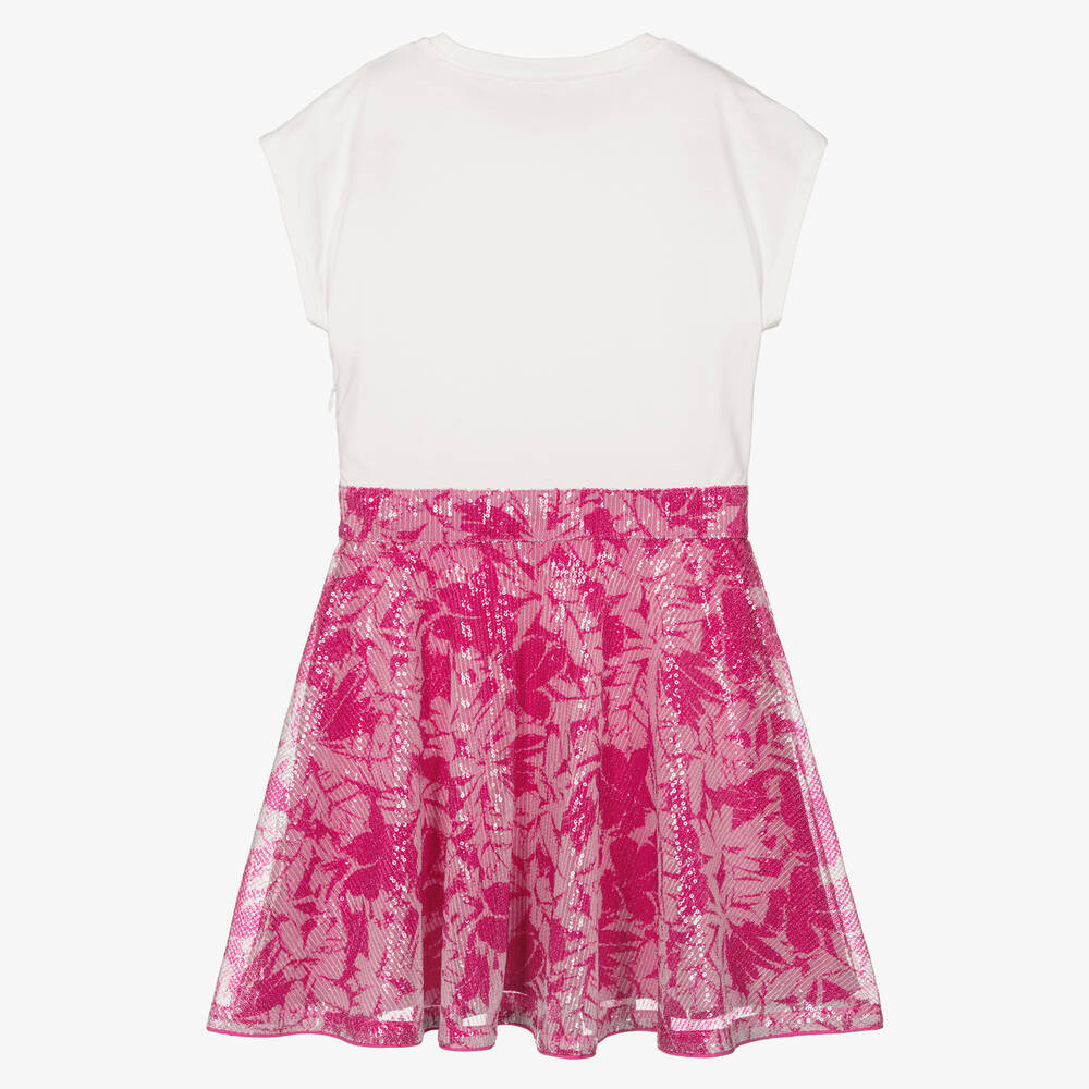 Michael Kors Kids-فستان سكاتر جيرسي لون زهري وأبيض مزين بترتر | Childrensalon Outlet