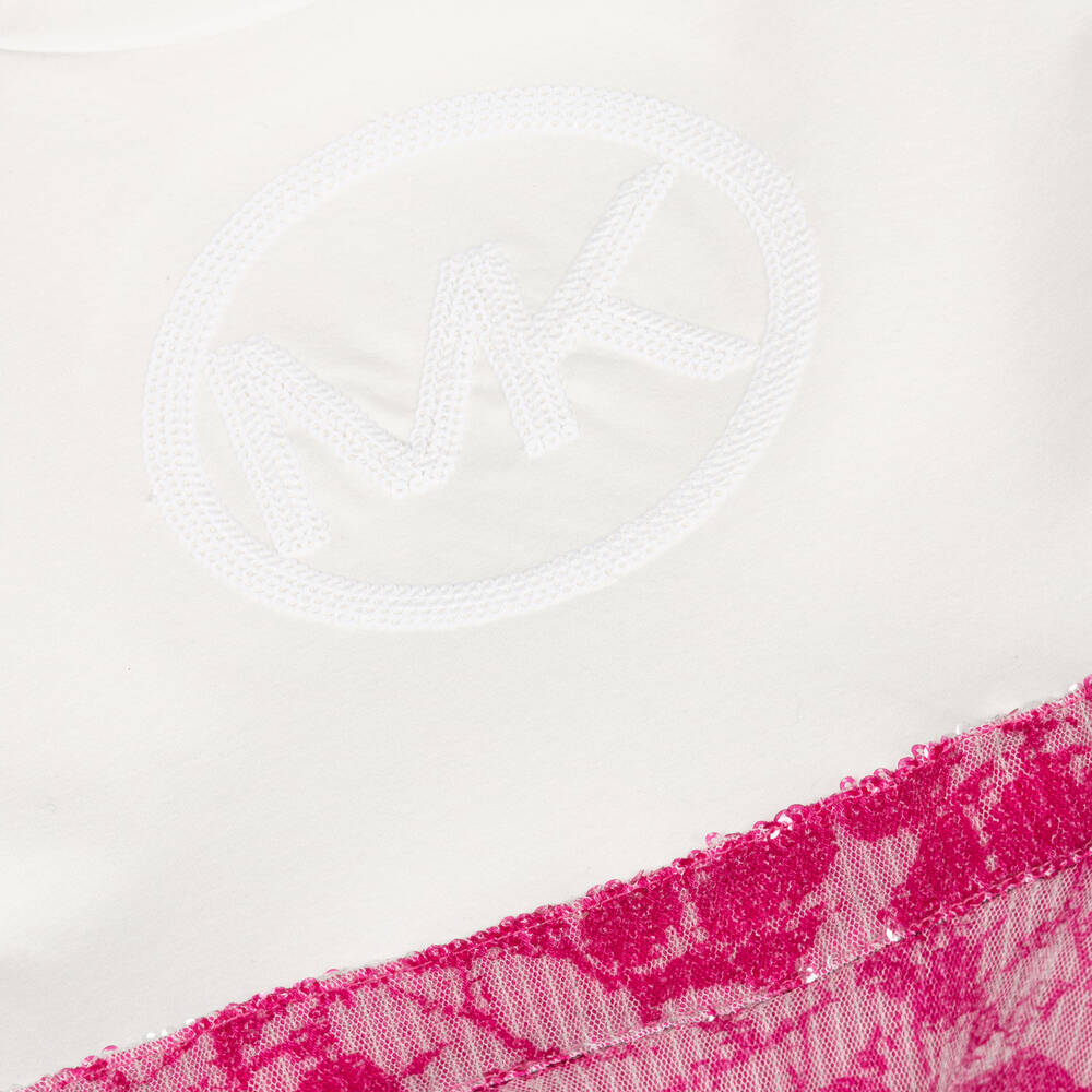 Michael Kors Kids-فستان سكاتر جيرسي لون زهري وأبيض مزين بترتر | Childrensalon Outlet