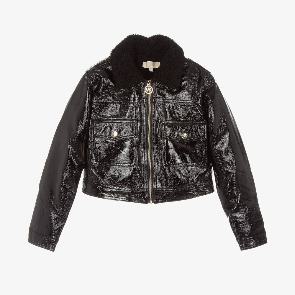 Michael Kors Kids - Teen Girls Shiny Black Faux Leather Jacket | Childrensalon