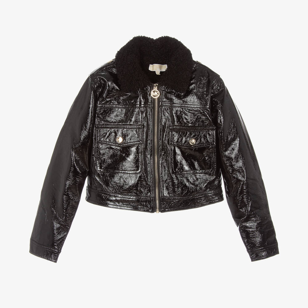 Michael Kors Kids - Glänzende schwarze Teen Kunstlederjacke für Mädchen | Childrensalon