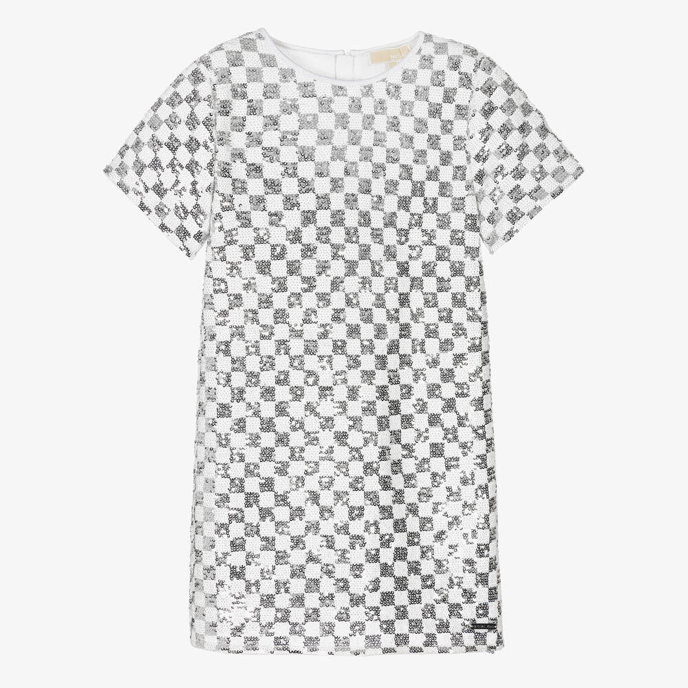 Michael Kors Kids-Бело-серебристое платье в клетку с пайетками | Childrensalon Outlet