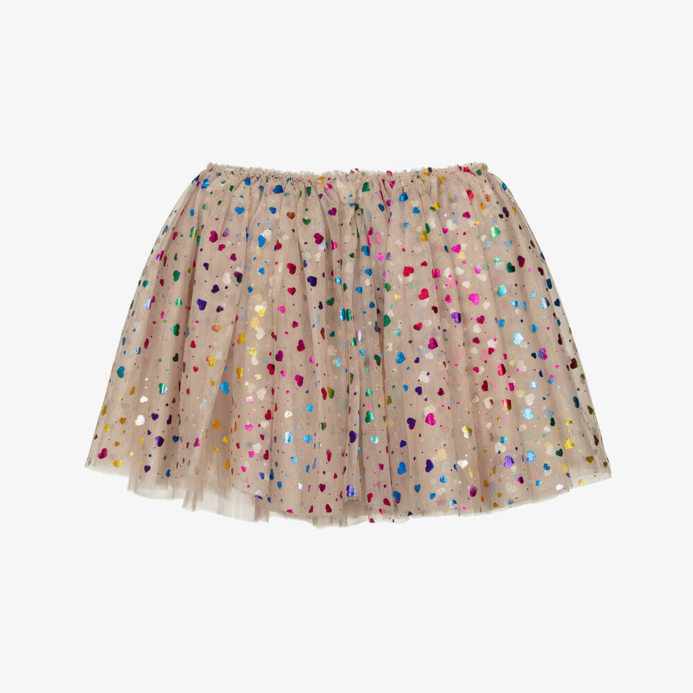 Mimi & Lula-Girls Beige Tulle Tutu Skirt with Multicoloured Hearts | Childrensalon Outlet