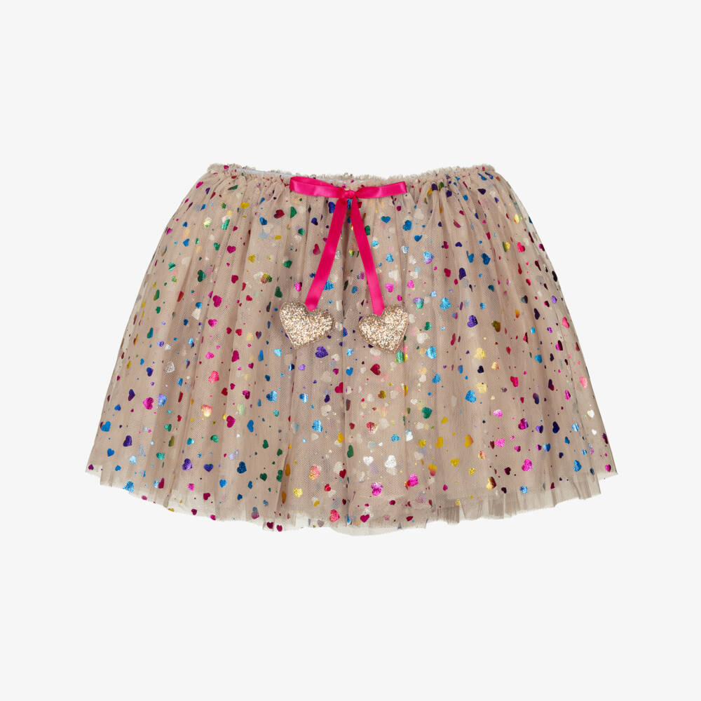 Mimi & Lula-Girls Beige Tulle Tutu Skirt with Multicoloured Hearts | Childrensalon Outlet