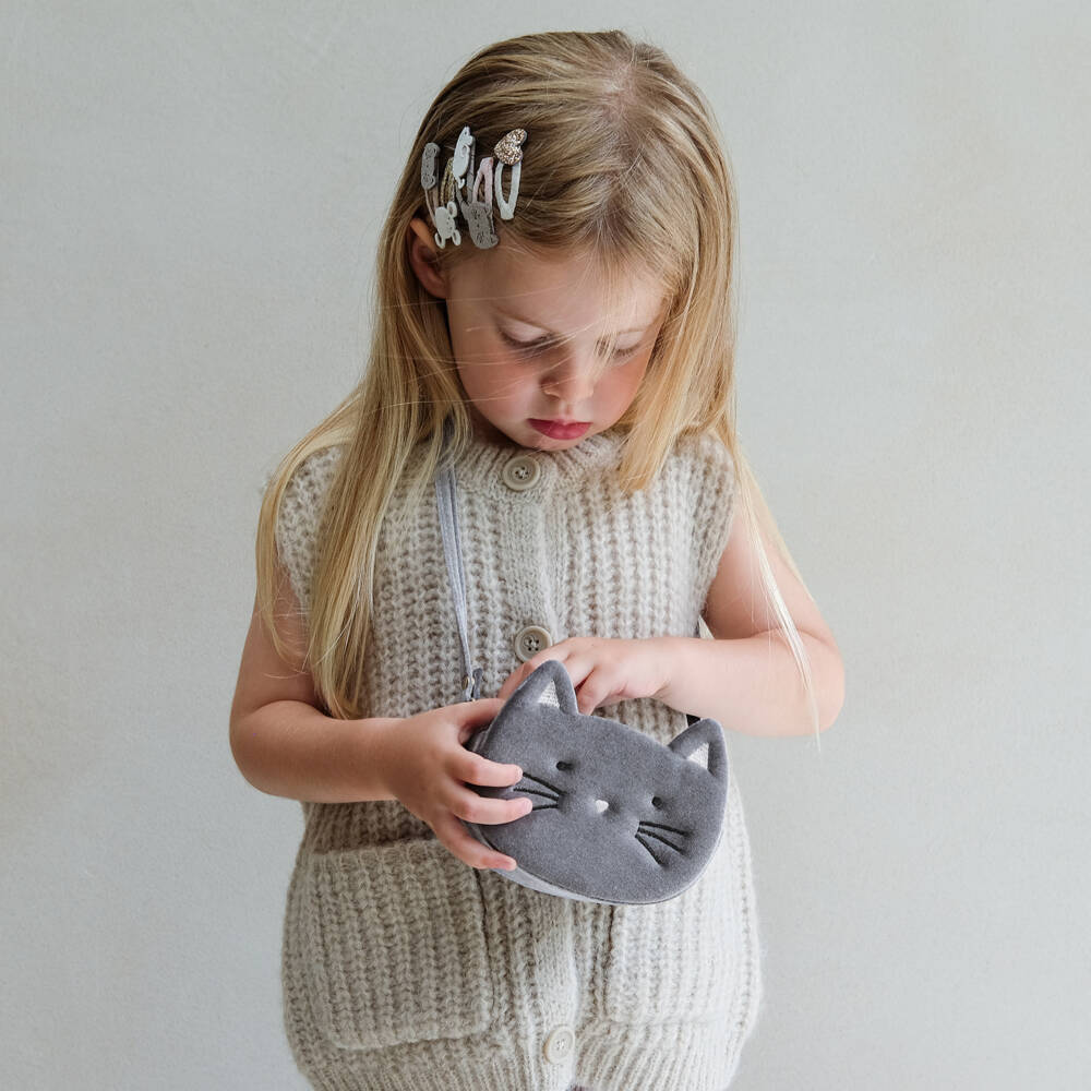 Mimi & Lula-Girls Grey Velvet Kitty Cat Bag (12cm) | Childrensalon Outlet