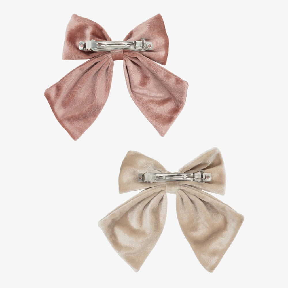 Mimi & Lula-Girls Pink & Beige Velvet Bow Hair Clips (2 Pack) | Childrensalon Outlet