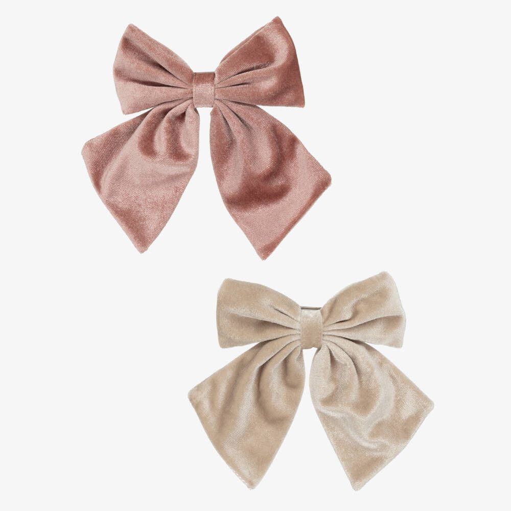 Mimi & Lula-Girls Pink & Beige Velvet Bow Hair Clips (2 Pack) | Childrensalon Outlet