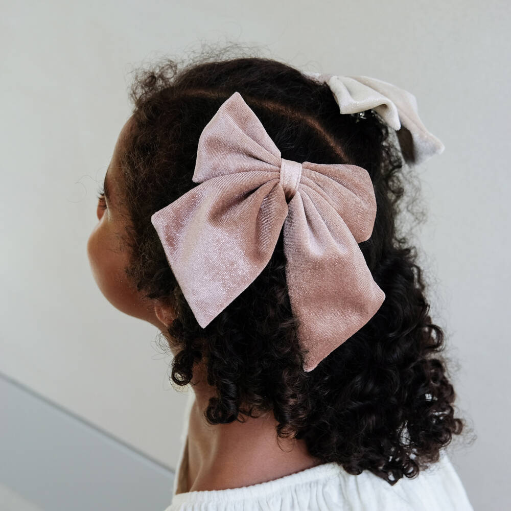 Mimi & Lula-Girls Pink & Beige Velvet Bow Hair Clips (2 Pack) | Childrensalon Outlet