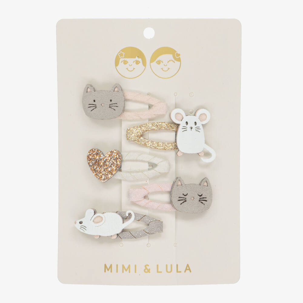 Mimi & Lula-Girls Pink Cat & Mouse Motif Hair Clips (4 Pack) | Childrensalon Outlet