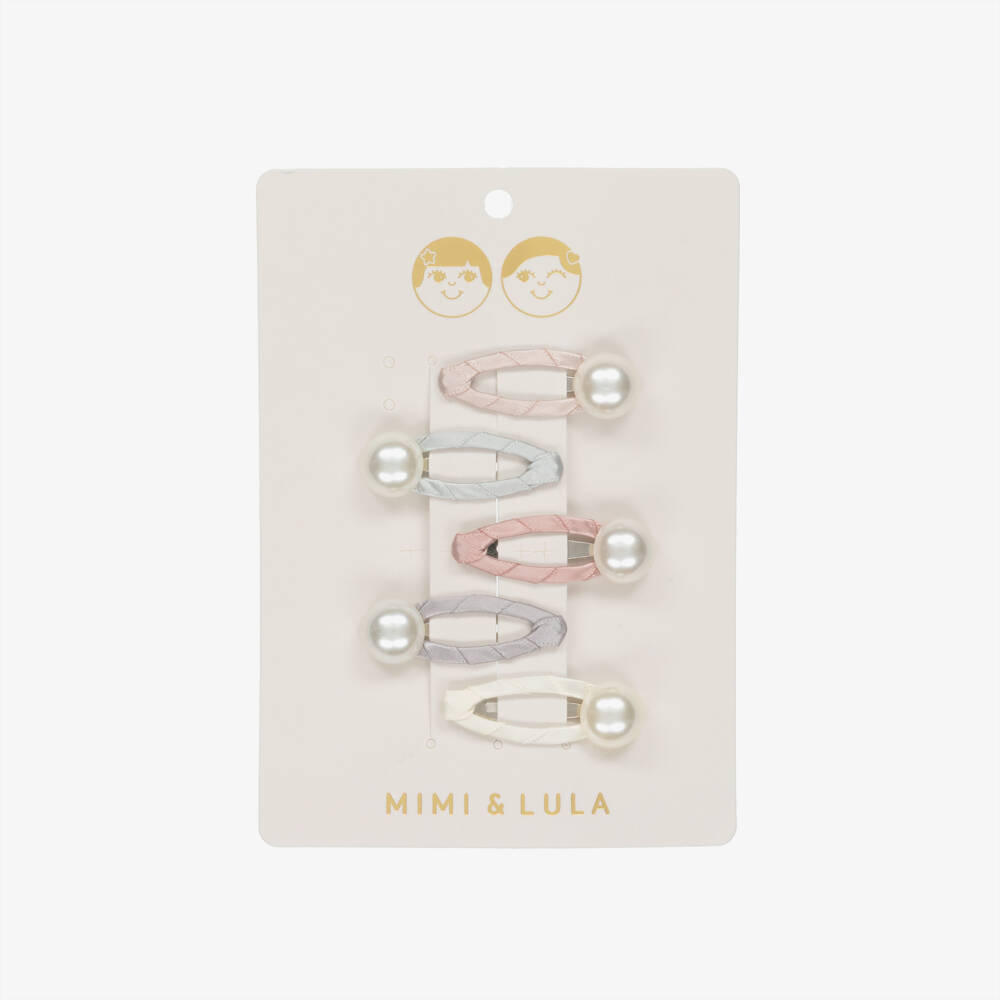 Mimi & Lula-Girls Pink & Grey Pearl Embellished Hair Clips (5 Pack) | Childrensalon Outlet