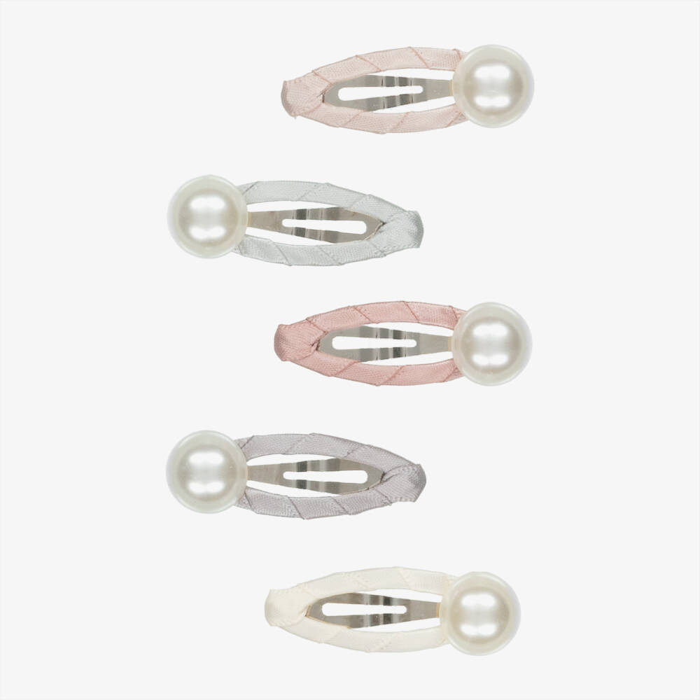 Mimi & Lula-Girls Pink & Grey Pearl Embellished Hair Clips (5 Pack) | Childrensalon Outlet