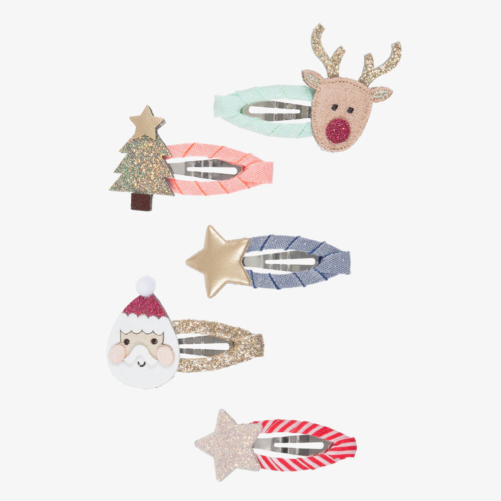 Mimi & Lula-Girls Red & Gold Santa & Rudolph Mini Hair Clips | Childrensalon Outlet