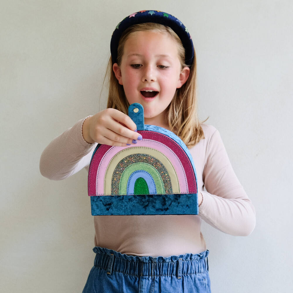 Mimi & Lula-Girls Teal Blue Velvet Rainbow Jewellery Box (22cm) | Childrensalon Outlet