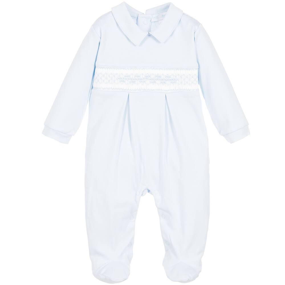 Mini-la-Mode - Grenouillère bleue en coton Pima à smocks | Childrensalon