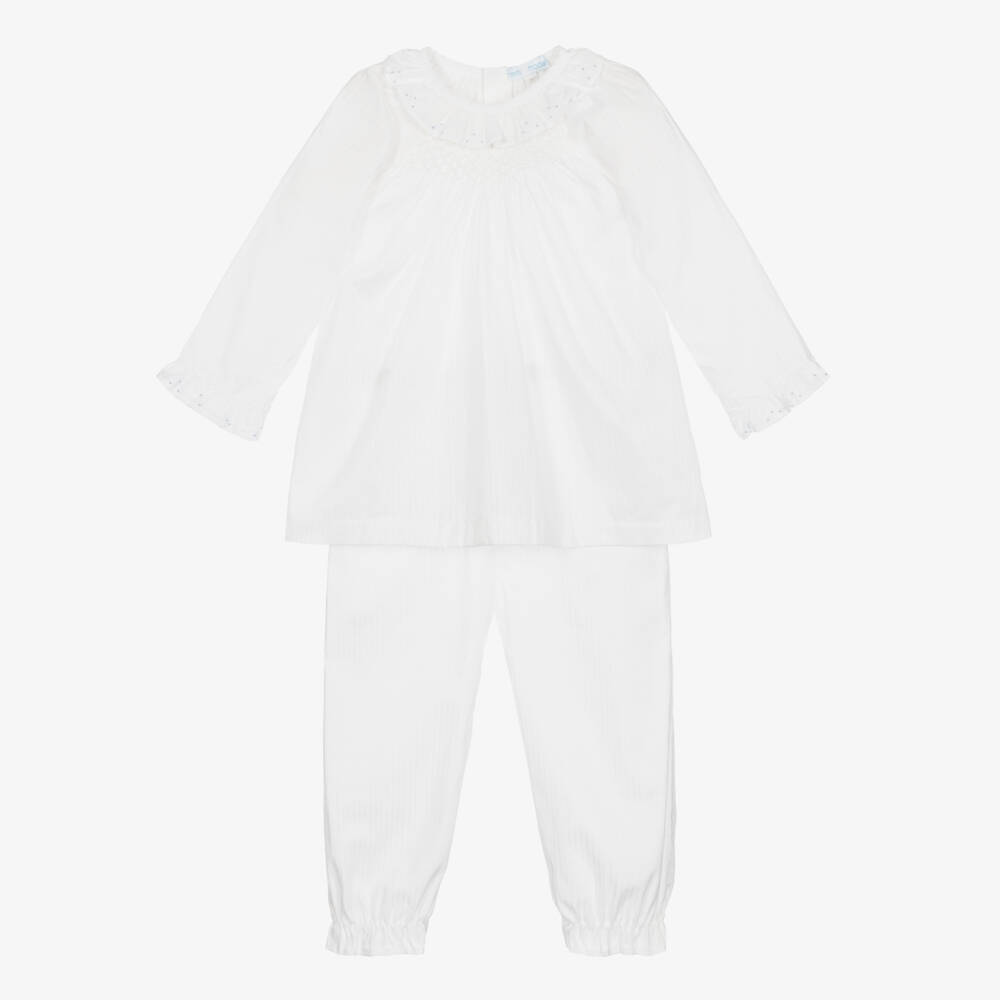 Mini-la-Mode-Girls White Cotton Smocked Pyjamas | Childrensalon Outlet