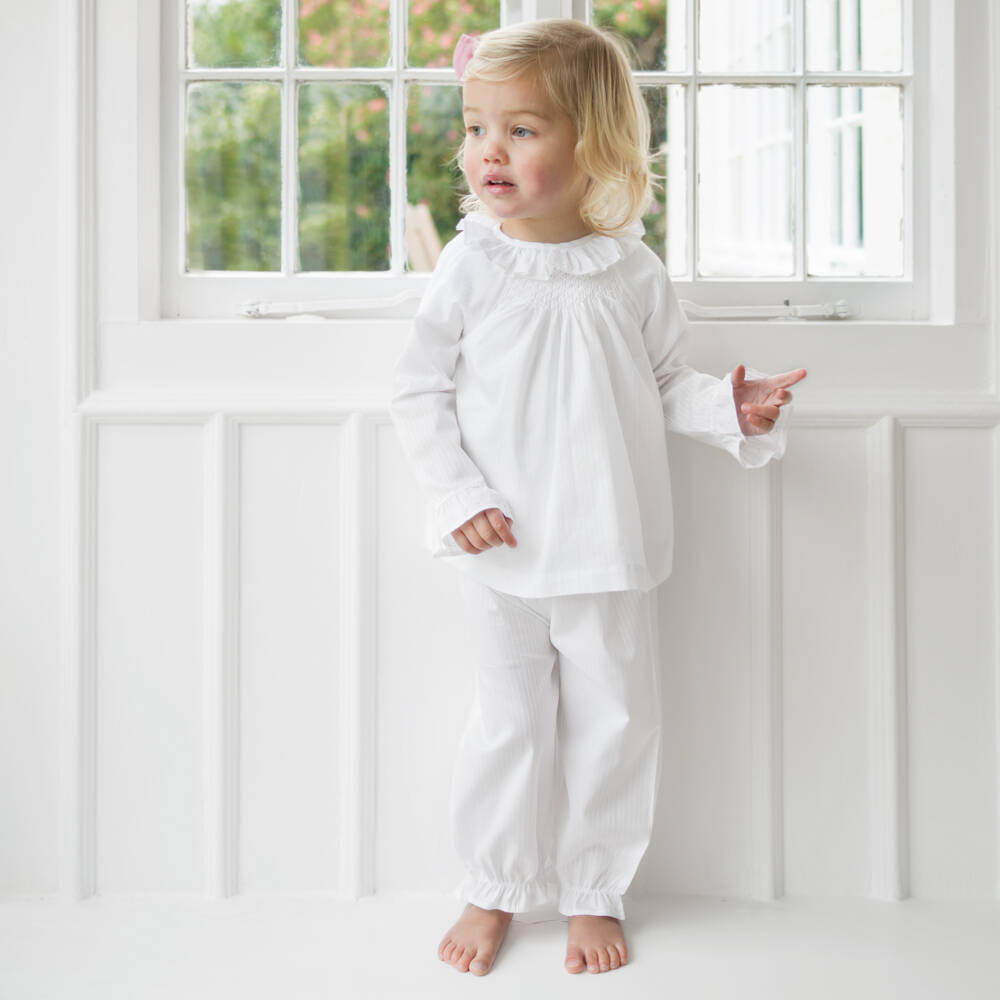 Mini-la-Mode-Girls White Cotton Smocked Pyjamas | Childrensalon Outlet