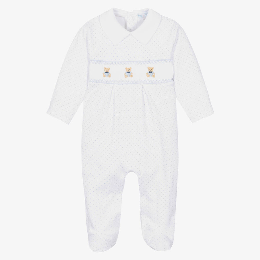 Mini-la-Mode-White Pima Cotton Babygrow With Embroidered Teddies | Childrensalon Outlet