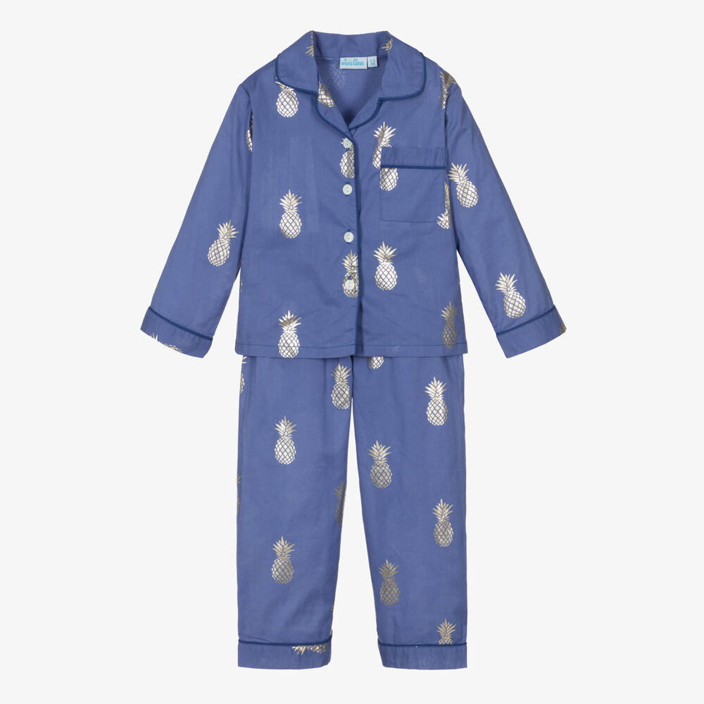 Mini Lunn-ملابس نوم قطنية زرقاء للبنات بنقشة الأناناس | Childrensalon Outlet