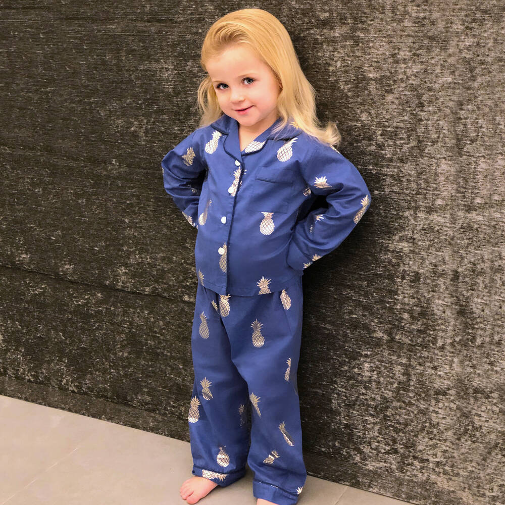 Mini Lunn-Girls Blue Pineapple Cotton Sleepwear | Childrensalon Outlet