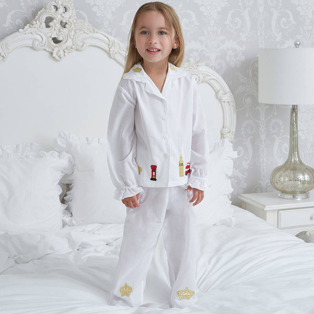 Mini Lunn-Girls Embroidered White Cotton Pyjamas | Childrensalon Outlet
