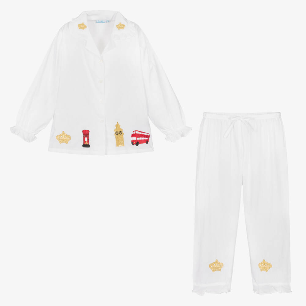 Mini Lunn-Girls Embroidered White Cotton Pyjamas | Childrensalon Outlet
