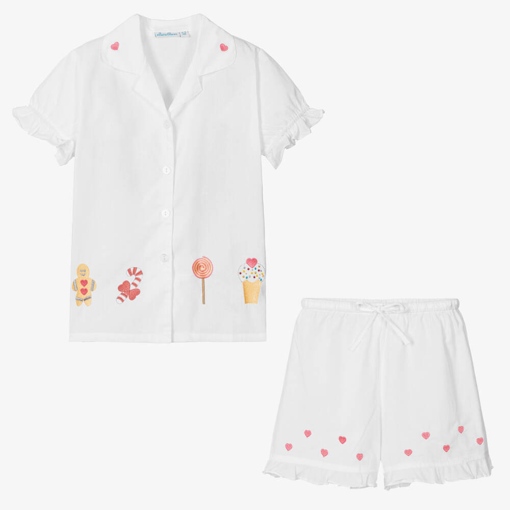 Mini Lunn-بيجاما قطنية بيضاء مطرزة للبنات | Childrensalon Outlet