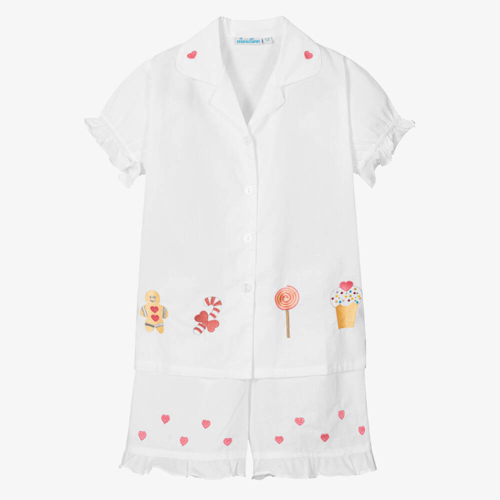 Mini Lunn-بيجاما قطنية بيضاء مطرزة للبنات | Childrensalon Outlet