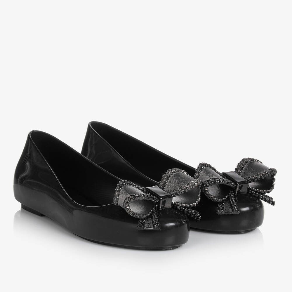 Mini Melissa - Girls Black Bow Jelly Ballerinas | Childrensalon