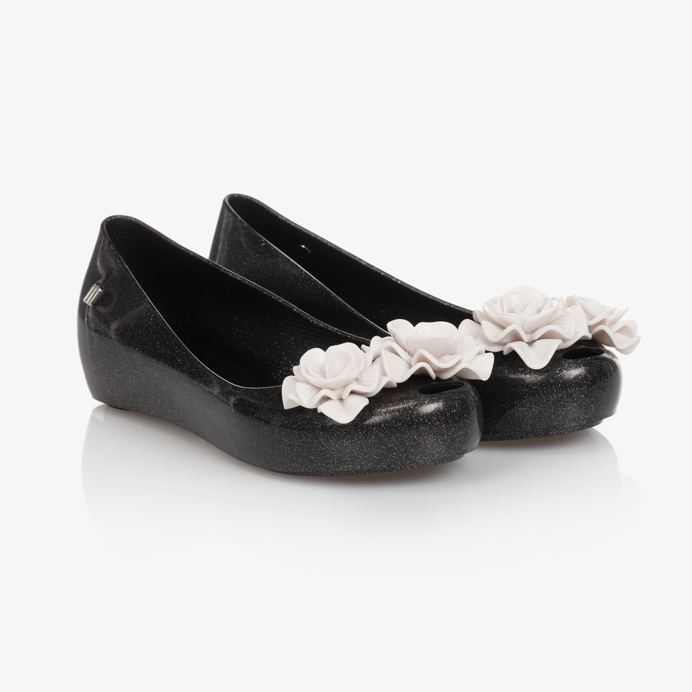 Mini Melissa - Schwarze Gelee-Schuhe mit Blumen (M) | Childrensalon
