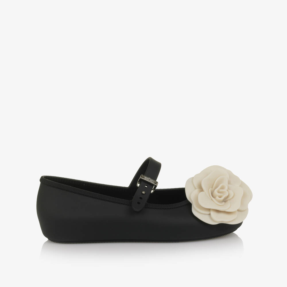 Mini Melissa-Girls Black Jelly Ballerina Pumps with Flowers | Childrensalon Outlet