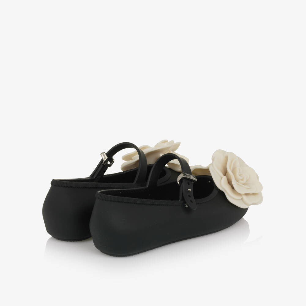 Mini Melissa-Girls Black Jelly Ballerina Pumps with Flowers | Childrensalon Outlet