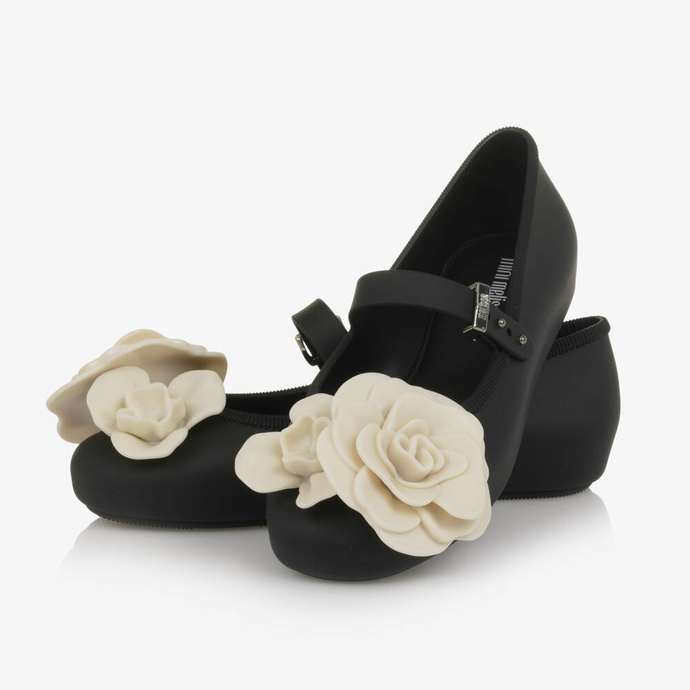 Mini Melissa-Girls Black Jelly Ballerina Pumps with Flowers | Childrensalon Outlet