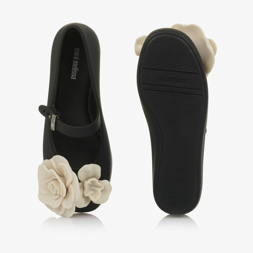 Mini Melissa-Girls Black Jelly Ballerina Pumps with Flowers | Childrensalon Outlet