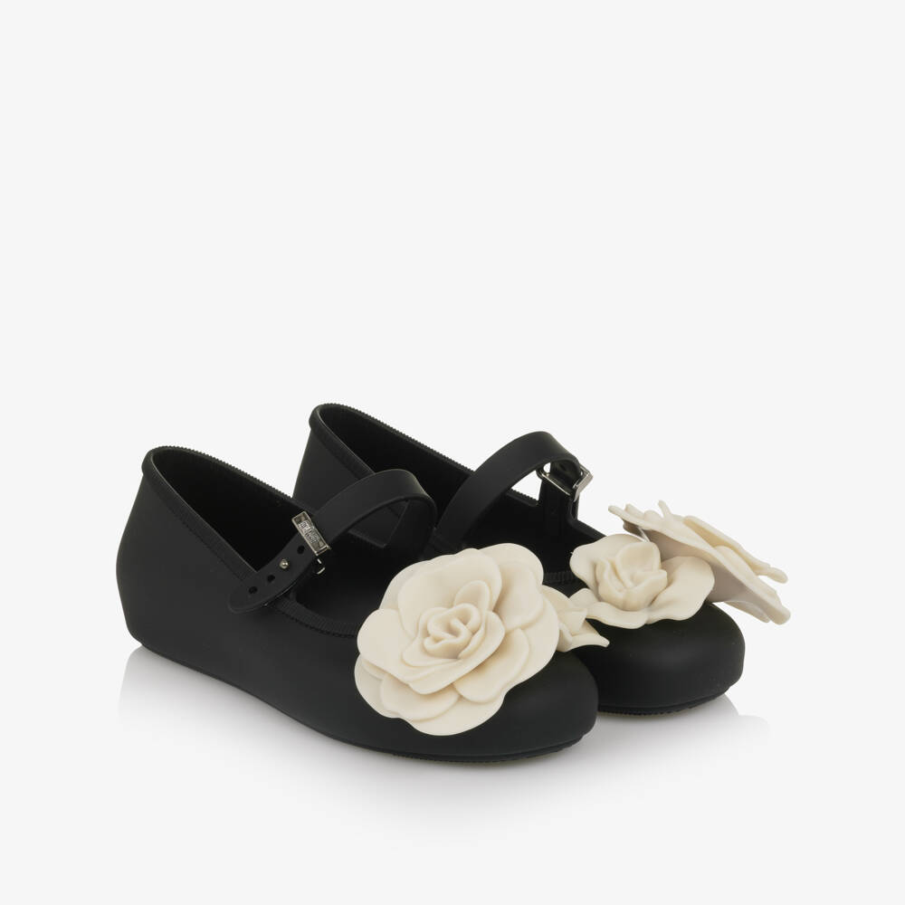 Mini Melissa-Girls Black Jelly Ballerina Pumps with Flowers | Childrensalon Outlet