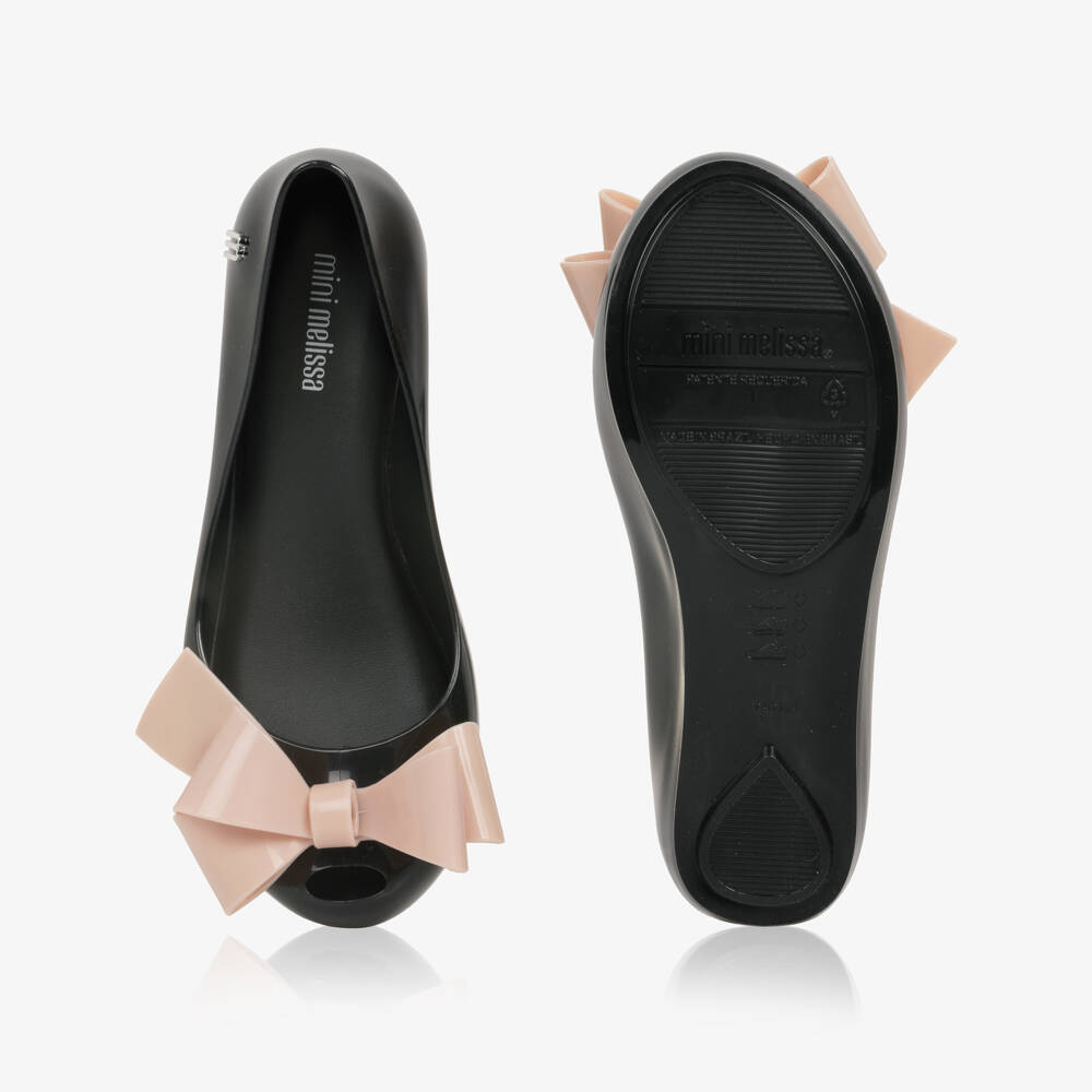 Mini Melissa-Girls Black Jelly Ballerina Pumps with Pink Bow Detail | Childrensalon Outlet