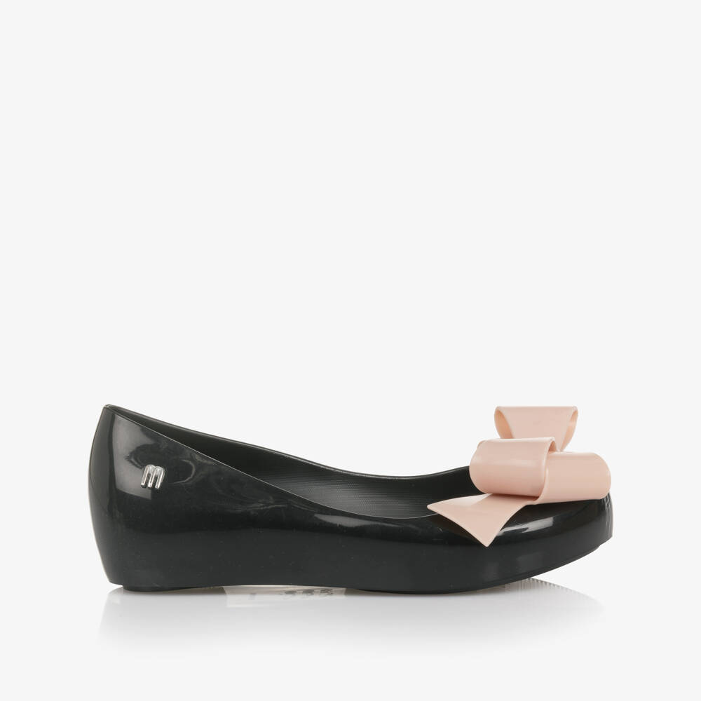 Mini Melissa-Girls Black Jelly Ballerina Pumps with Pink Bow Detail | Childrensalon Outlet