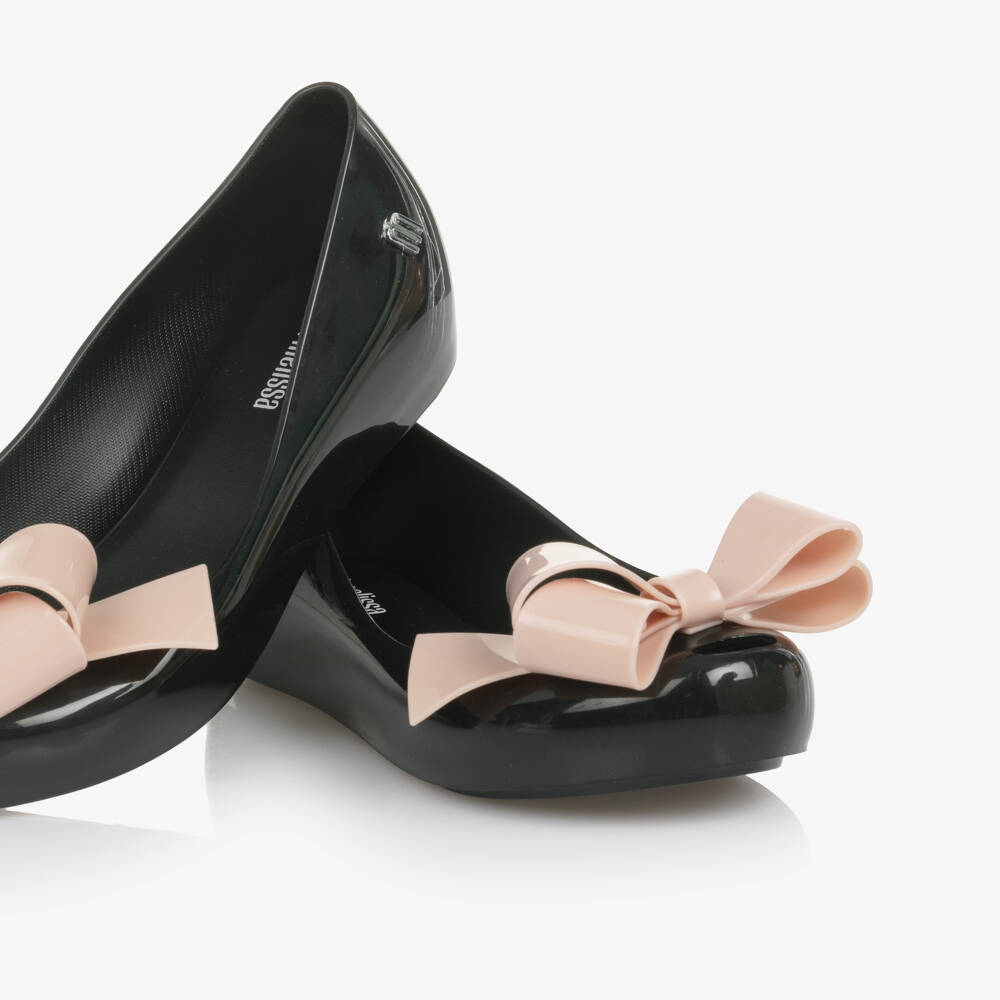 Mini Melissa-Girls Black Jelly Ballerina Pumps with Pink Bow Detail | Childrensalon Outlet
