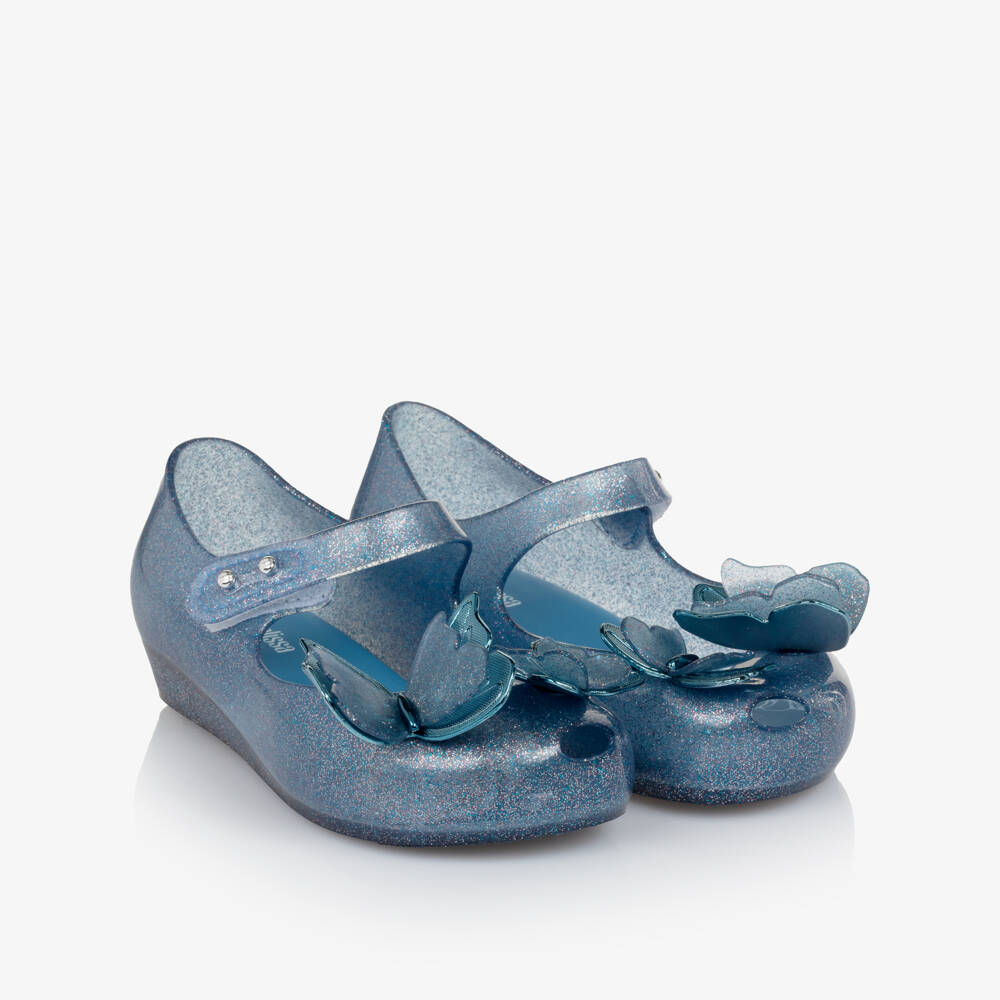 Mini Melissa-Girls Blue Glitter Butterfly Bar Shoes | Childrensalon Outlet