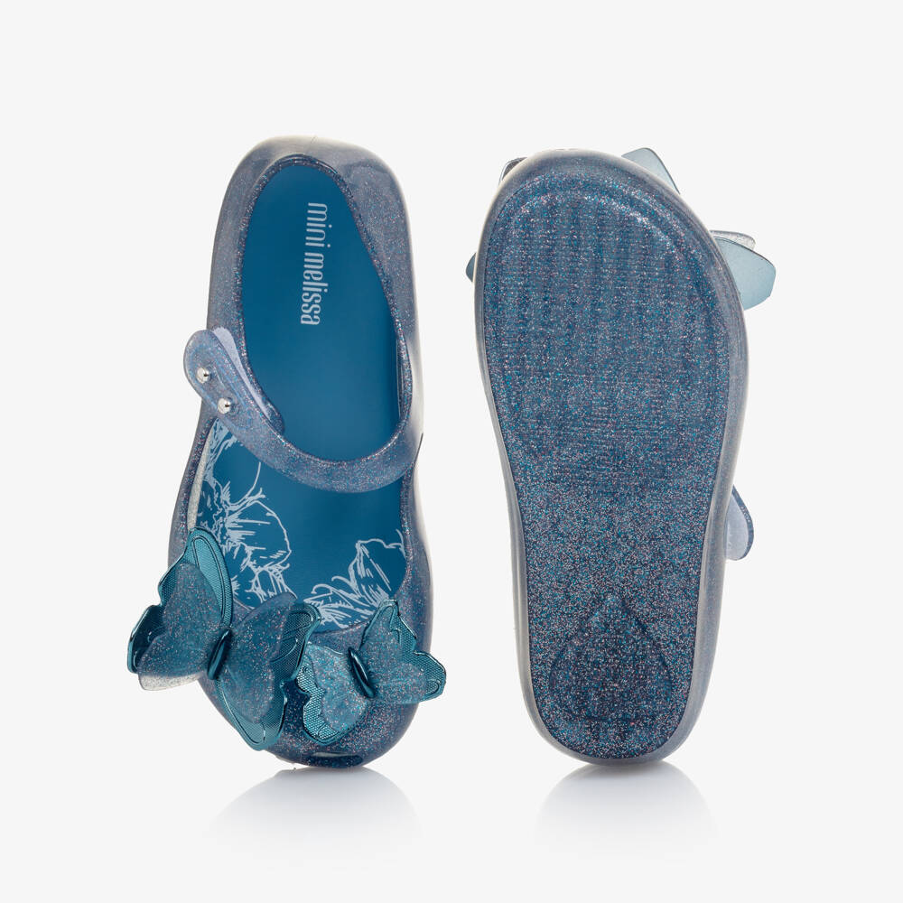 Mini Melissa-Girls Blue Glitter Butterfly Bar Shoes | Childrensalon Outlet